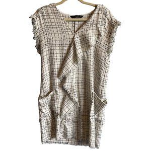 Zara Basic Off White and Black Sleeveless V-Neck Raw Hem Dress Women's Small